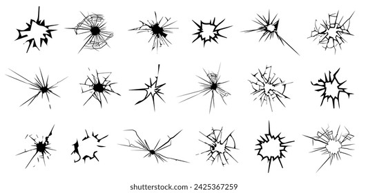 Colección Bullet hole. Conjunto de puntos agrietados de la zona de disparo. Agujeros de bala o colección de agujeros de bala