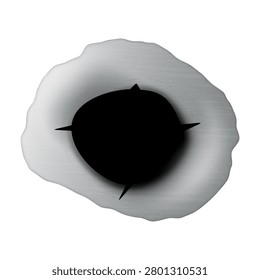 A bullet hole in a deformed metal surface with cracks, realistic texture. Themes for security, crime prevention, ballistic analysis, forensic materials, and military content. Vector. Icon.