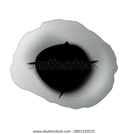 A bullet hole in a deformed metal surface with cracks, realistic texture. Themes for security, crime prevention, ballistic analysis, forensic materials, and military content. Vector. Icon.