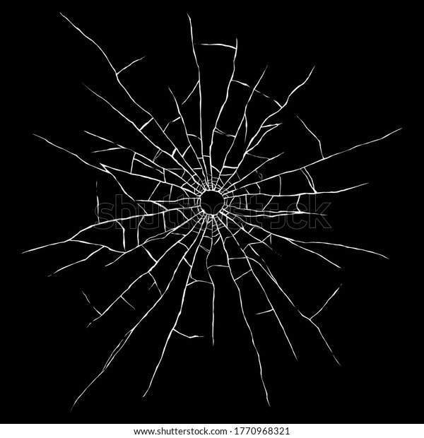 Bullet hole in glass isolated on\
black background. Cracked mirror texture. Vector\
illustration.