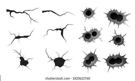 Bullet hole and ground cracks set. Metal single and double bullet hole, damage effect. Earthquake and ground cracks, craquelure and damaged wall texture. Vector illustrations for topics earthquake