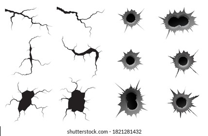 Bullet hole and ground cracks set. Metal single and double bullet hole, damage effect. Earthquake and ground cracks, craquelure and damaged wall texture. Vector illustrations for topics earthquake