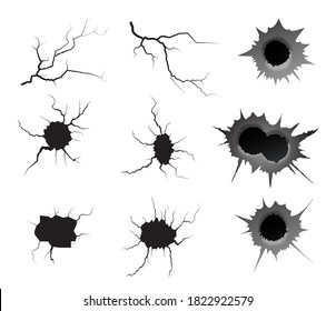 El agujero de la bala y las grietas de tierra están puestas. Taladro de bala simple y doble, efecto de daño. Terremoto y grietas de tierra, craquelura y textura de pared dañada. Ilustraciones vectoriales para temas del terremoto