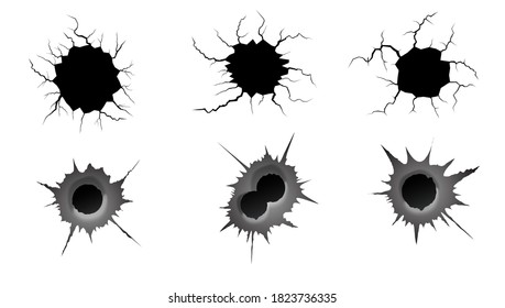 Bullet hole and ground cracks set. Metal single and double bullet hole, damage effect. Earthquake and ground cracks, craquelure and damaged wall texture. Vector illustrations for topics earthquake