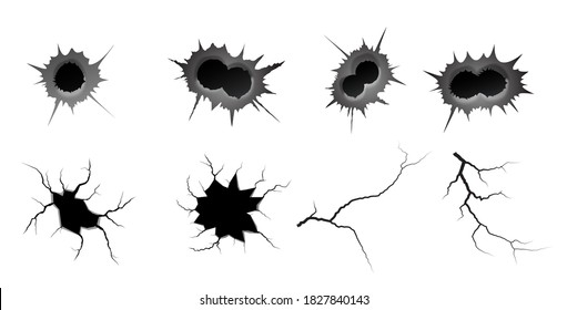 El agujero de la bala y las grietas de tierra están puestas. Taladro de bala simple y doble, efecto de daño. Terremoto y grietas de tierra, craquelura y textura de pared dañada. Ilustraciones vectoriales para temas del terremoto