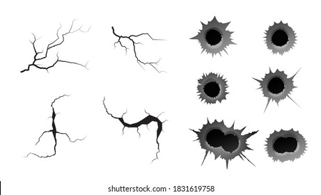 El agujero de la bala y las grietas de tierra están puestas. Taladro de bala simple y doble, efecto de daño. Terremoto y grietas de tierra, craquelura y textura de pared dañada. Ilustraciones vectoriales para temas del terremoto