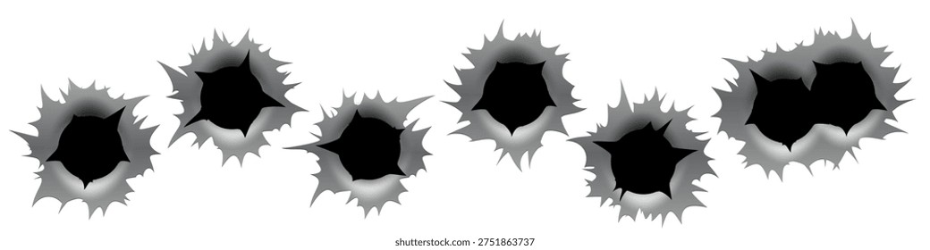 Bullet hole gun mark effects set. Dark impact shapes with torn edges and metallic shading on white background with damage textures. Detailed realistic vector illustration.