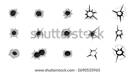 Bullet hole gun set shot weapon silhouette, impact impact marks gun, bullet hole gunshot. Damage from shoot.