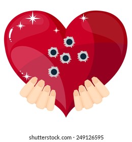 Bullet hole heart concept of a heart shaped icon with bullet holes. Concept for broken heart or other love or relationships issue concept
