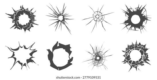 Bullet hole impact on broken shattered glass texture on transparent background