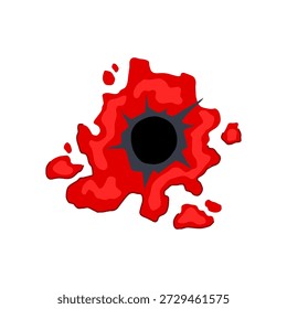 Impacto de agujero de bala con superficie desgarrada y salpicaduras de sangre roja vívida, primer plano gráfico que evoca lesiones por disparo, violencia, escena del crimen o evidencia forense sobre fondo blanco