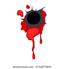 Agujero de bala con bordes irregulares y centro oscuro, salpicaduras de sangre roja fresca y goteos que fluyen hacia abajo, Ilustración vectorial aislada que transmite violencia, lesiones, peligro e impacto