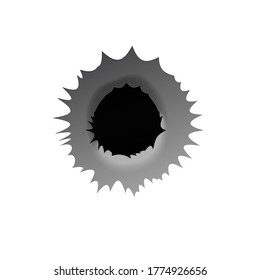 Bullet hole on white background. Realisic metal bullet hole, damage effect. Vector illustration