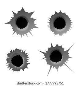 Agujero de bala sobre fondo blanco. Agujero de bala de metal realista, efecto de daño. Ilustración del vector
