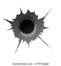 Bullet hole on white background. Realisic metal bullet hole, damage effect. Vector illustration