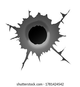 Bullet hole on white background. Realisic metal bullet hole, damage effect. Vector illustration