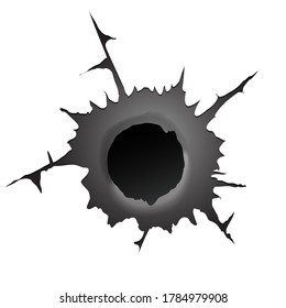Bullet hole on white background. Realisic metal bullet hole, damage effect. Vector illustration