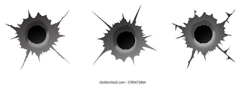 Bullet hole on white background. Set of realisic metal bullet hole, damage effect. Vector illustration