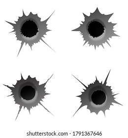 Bullet hole on white background. Set of realisic metal bullet hole, damage effect. Vector illustration