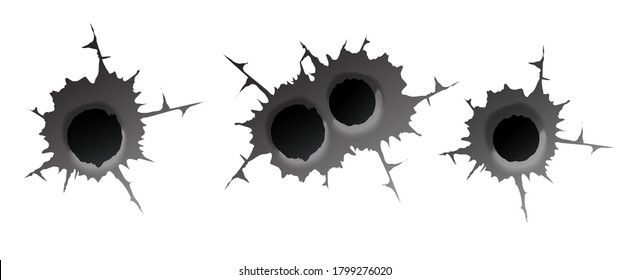 Bullet hole on white background. Realisic metal single and double bullet hole, damage effect. Vector illustration