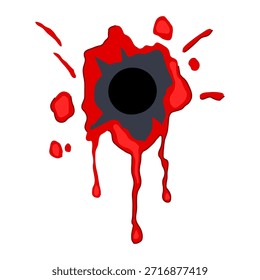 Superficie perforadora de agujero de bala con salpicaduras de sangre circundantes y goteo de líquido rojo sobre fondo blanco, efecto grunge dramático que simboliza la violencia, lesiones, crimen y peligro