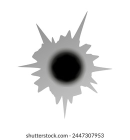 Bullet hole. Round damage with cracks from punching and exploding shells as symbol of danger and aggressive vector war