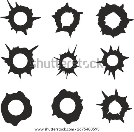 Bullet Hole Silhouette Set – Impact Marks Vector for Stickers, Decals, and Graphic Design
