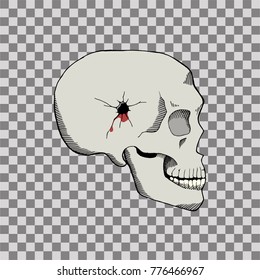 Bullet hole skull. Hand drawn vector illustration