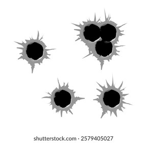 Bullet hole template. Damage and cracks on surface from bullet. Vector
