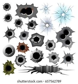 Bullet Hole Track Trace Sign Gunshot Crack Torn Steel War Target Break Vector Illustration.