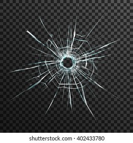 Bullet hole in transparent glass on abstract background with grey and black ornament vector illustration in realistic style. 