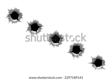 Bullet holes set isolated on white background. Realistic ragged metal holes row. Damage effect.