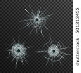 Bullet holes template in glass on transparent gray background isolated vector illustration