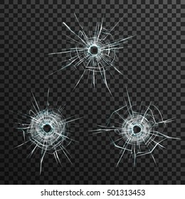Bullet holes template in glass on transparent gray background isolated vector illustration