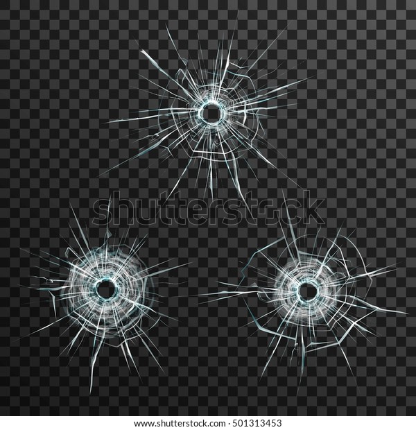 Bullet holes template in glass on\
transparent gray background isolated vector\
illustration