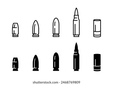 Aufzählungszeichen gesetzt. Vektorillustration des Munitionskalibers isoliert. Symbol für Munition. Pistolenpiktogramm.