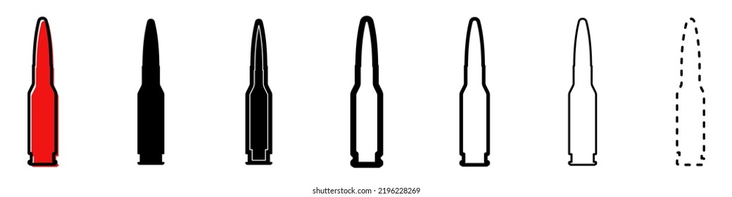 Kugelsymbol. Set verschiedener Symbole der militärischen Patrone. Kugel oder Schutzpatronensilhouette. Vektorgrafik. Schwarzes Zeichen