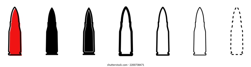Kugelsymbol. Set verschiedener Symbole der militärischen Patrone. Kugel oder Schutzpatronensilhouette. Vektorgrafik. Schwarzes Zeichen