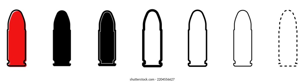 Kugelsymbol. Set verschiedener Symbole der militärischen Patrone. Kugel oder Schutzpatronensilhouette. Vektorgrafik. Schwarzes Zeichen