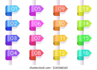 Bullet icons with numbers vector set. Gradient bullet points, isolated on a white background. 3D rendering abstract shapes with numbers. Number bullet points set, vector gradient markers.