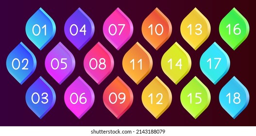 Bullet icons with numbers vector set. Gradient bullet points, isolated on a dark background. 3D rendering abstract leaf shapes with numbers. Number bullet points set, vector gradient markers.