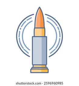 Bullet illustration with orange tip, gray case, and blue target-like design. Clean modern design