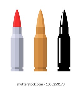 Bullet isolated on white background. Vector illustration flat design. Gunshot ammunition. Set of bullets of different colors and silhouette. Pictogram of weapon.