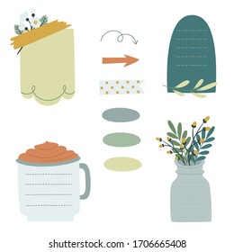 Bullet journal blank paper Floral sticky notes for organizing and planning. Stickers for bullet journal and planner. Vector illustration
