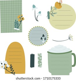Bullet journal blank paper notes. Floral sticky notes for organizer and planner. Vector illustration