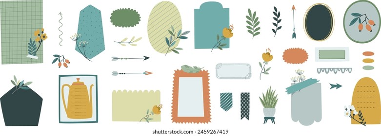 Bullet journal blank paper notes. Cute text boxes for digital planning. Floral sticky notes for digital planner and organizer. Vector illustration