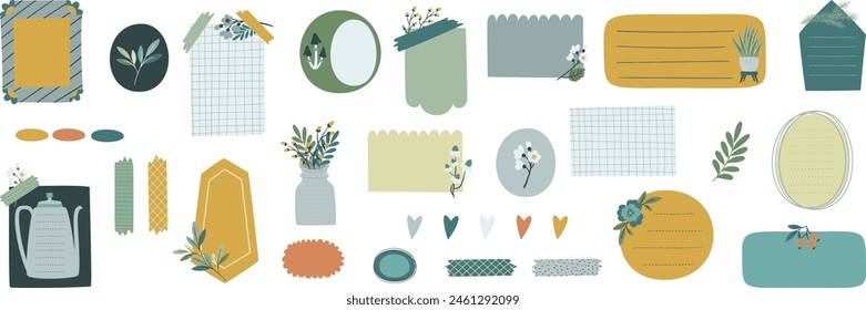 Bullet journal blank paper notes. Cute text boxes for digital planning. Floral sticky notes for digital planner and organizer. Vector illustration