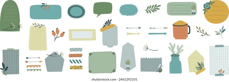 Bullet journal blank paper notes. Cute text boxes for digital planning. Floral sticky notes for digital planner and organizer. Vector illustration