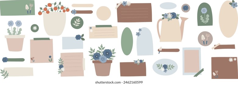 Bullet journal blank paper notes garden themed. Cute text boxes for digital planning. Garden sticky notes for digital planner and organizer. Vector illustration