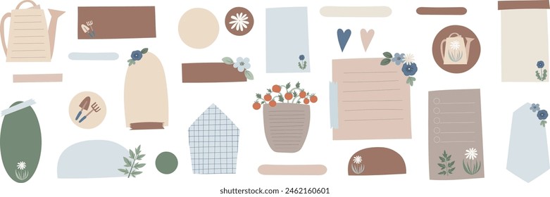 Bullet journal blank paper notes garden themed. Cute text boxes for digital planning. Garden sticky notes for digital planner and organizer. Vector illustration